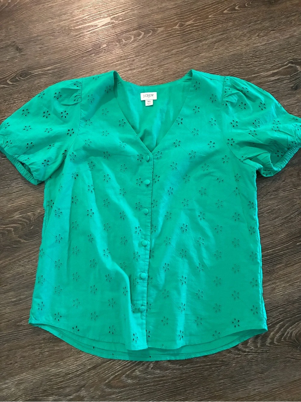 J. Crew Bright Green Eyelet Button-Front V-Neck Blouse